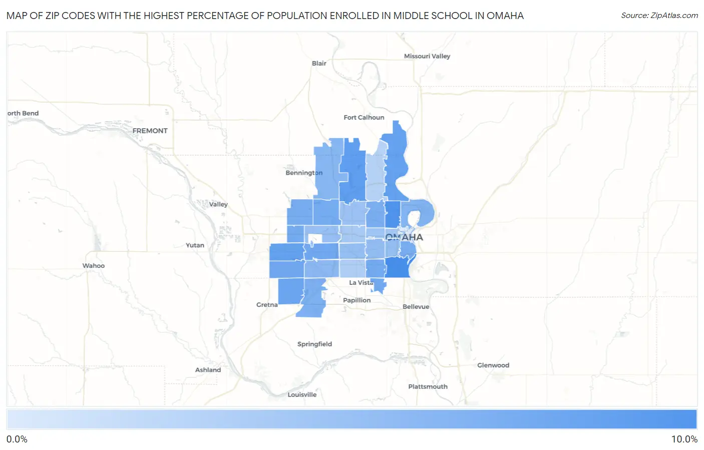 Zip Codes with the Highest Percentage of Population Enrolled in Middle School in Omaha Map