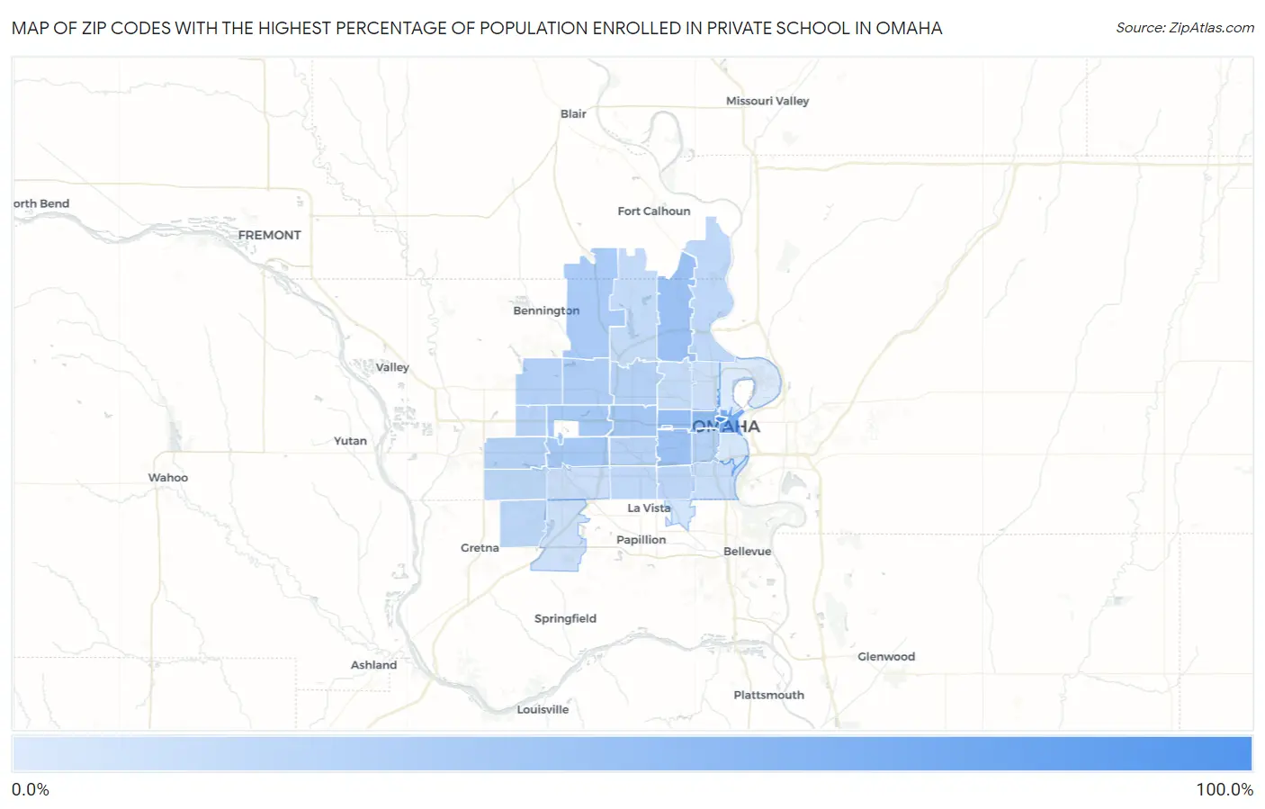 Zip Codes with the Highest Percentage of Population Enrolled in Private School in Omaha Map