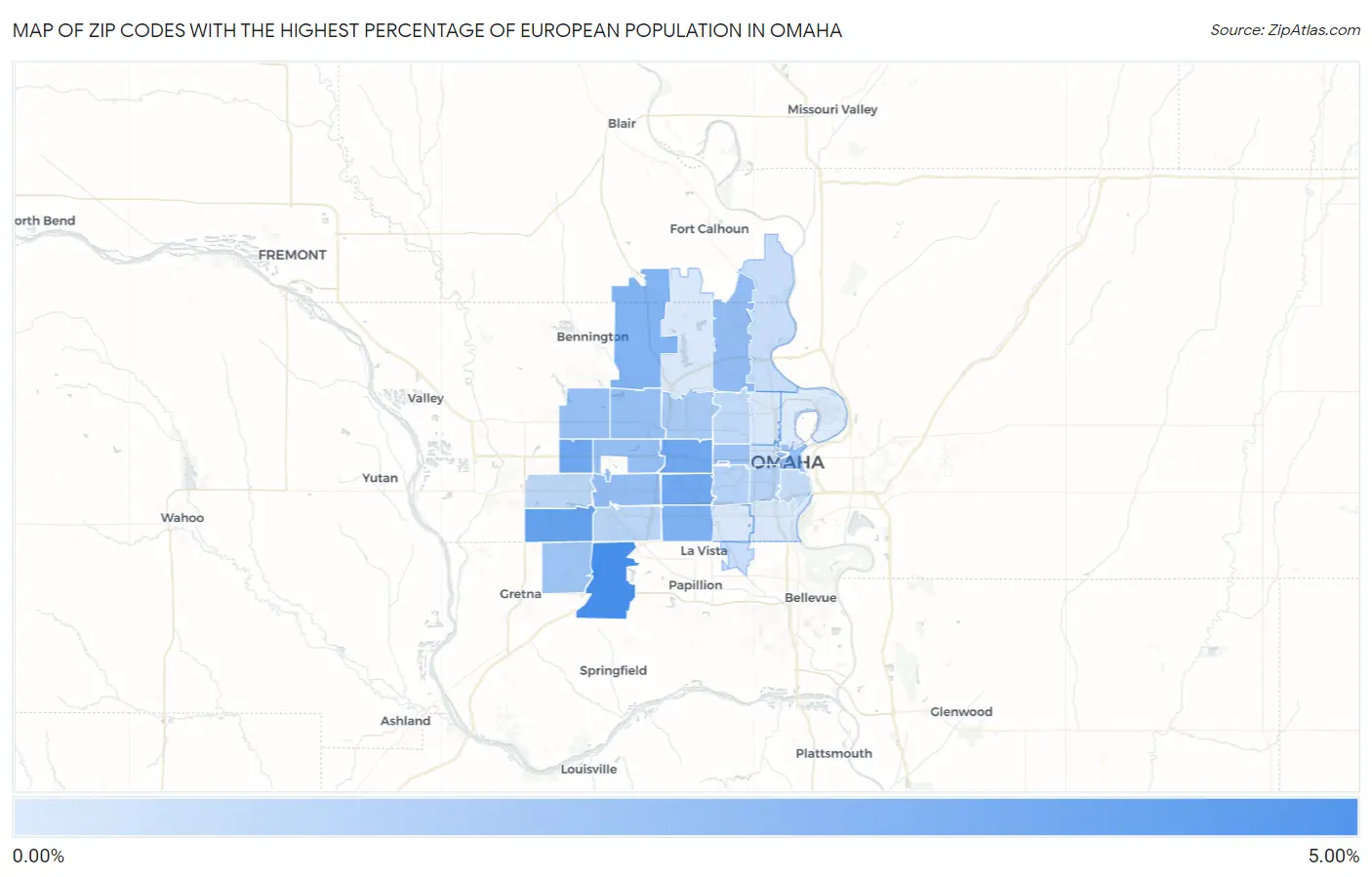 Zip Codes with the Highest Percentage of European Population in Omaha Map