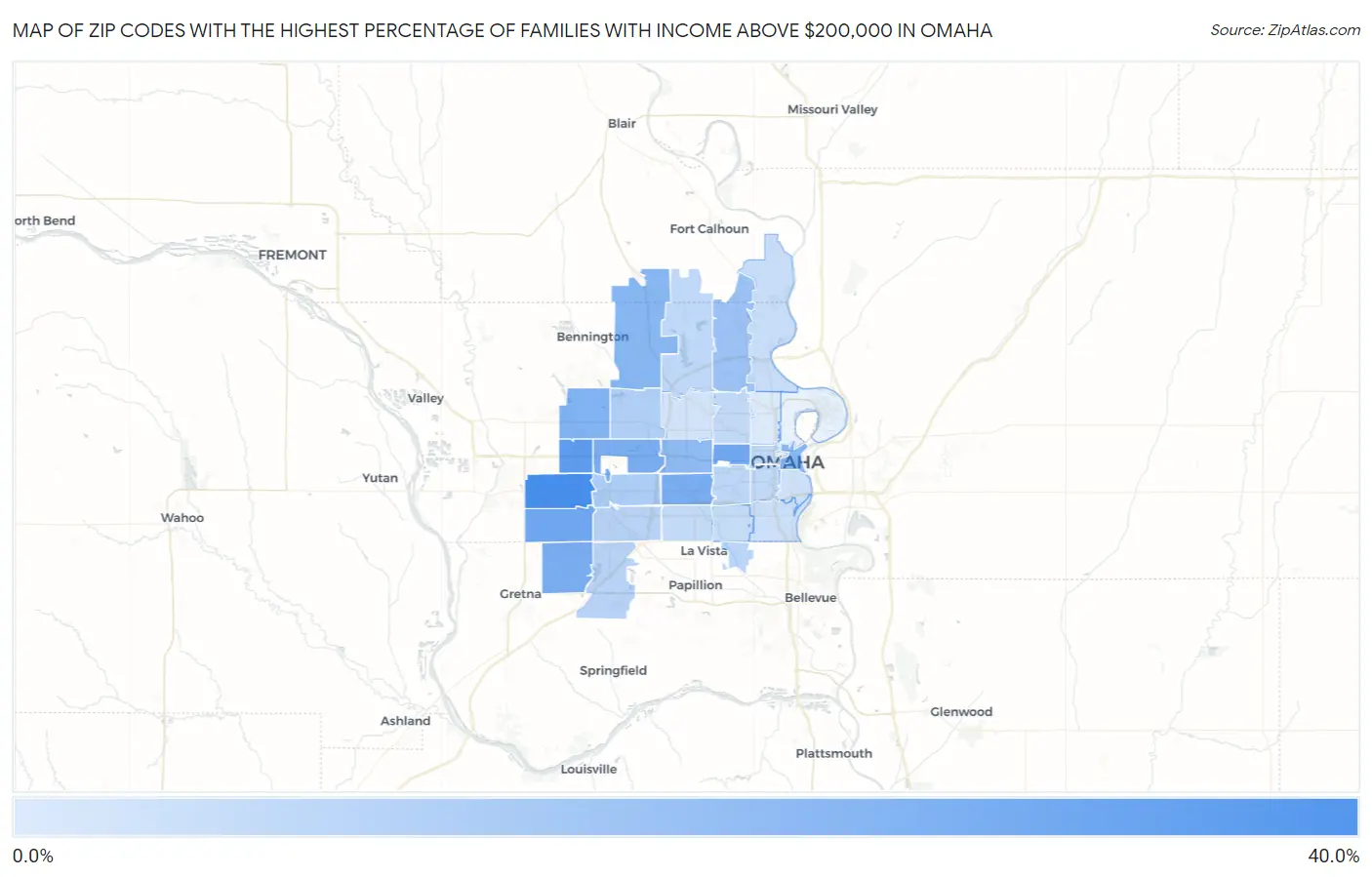 Zip Codes with the Highest Percentage of Families with Income Above $200,000 in Omaha Map