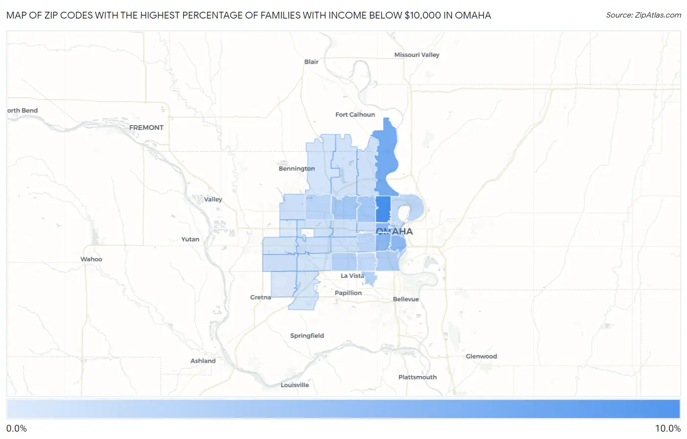 Zip Codes with the Highest Percentage of Families with Income Below $10,000 in Omaha Map