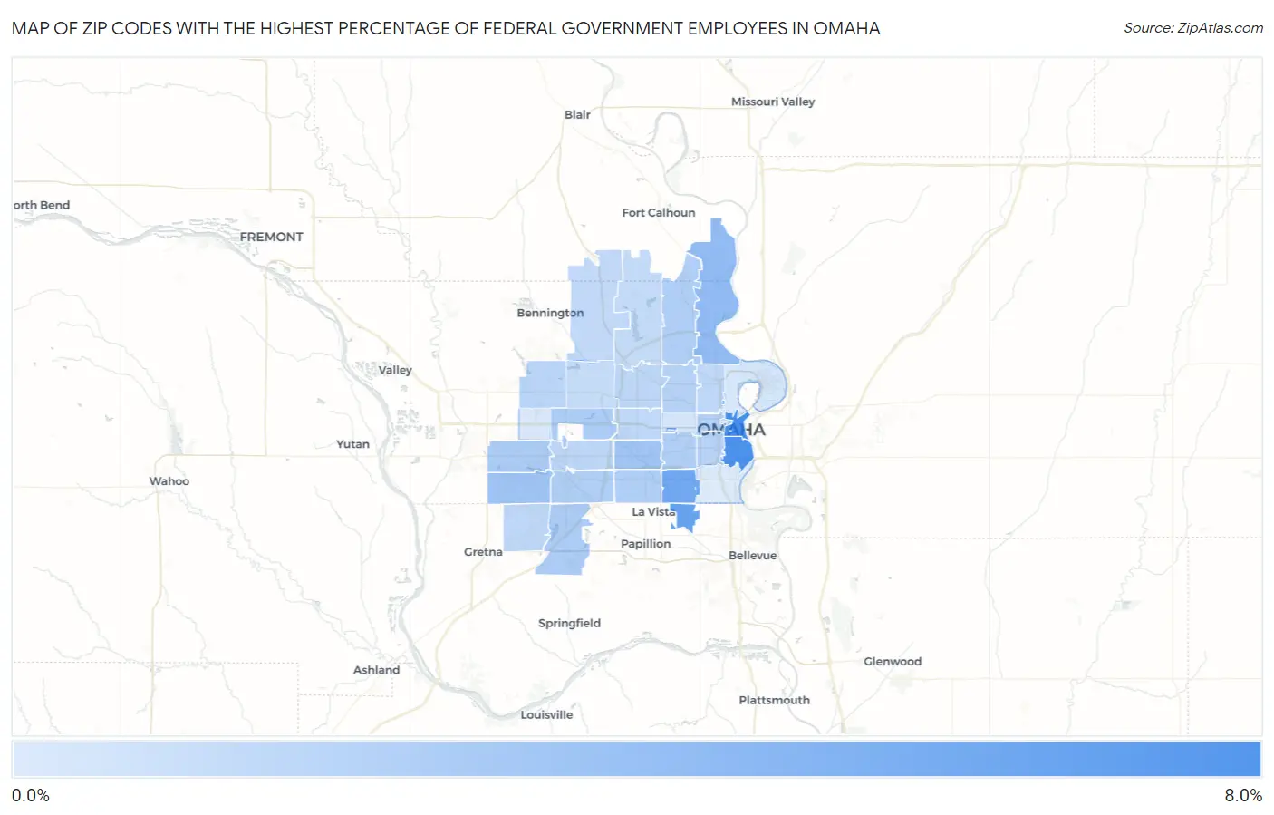 Zip Codes with the Highest Percentage of Federal Government Employees in Omaha Map