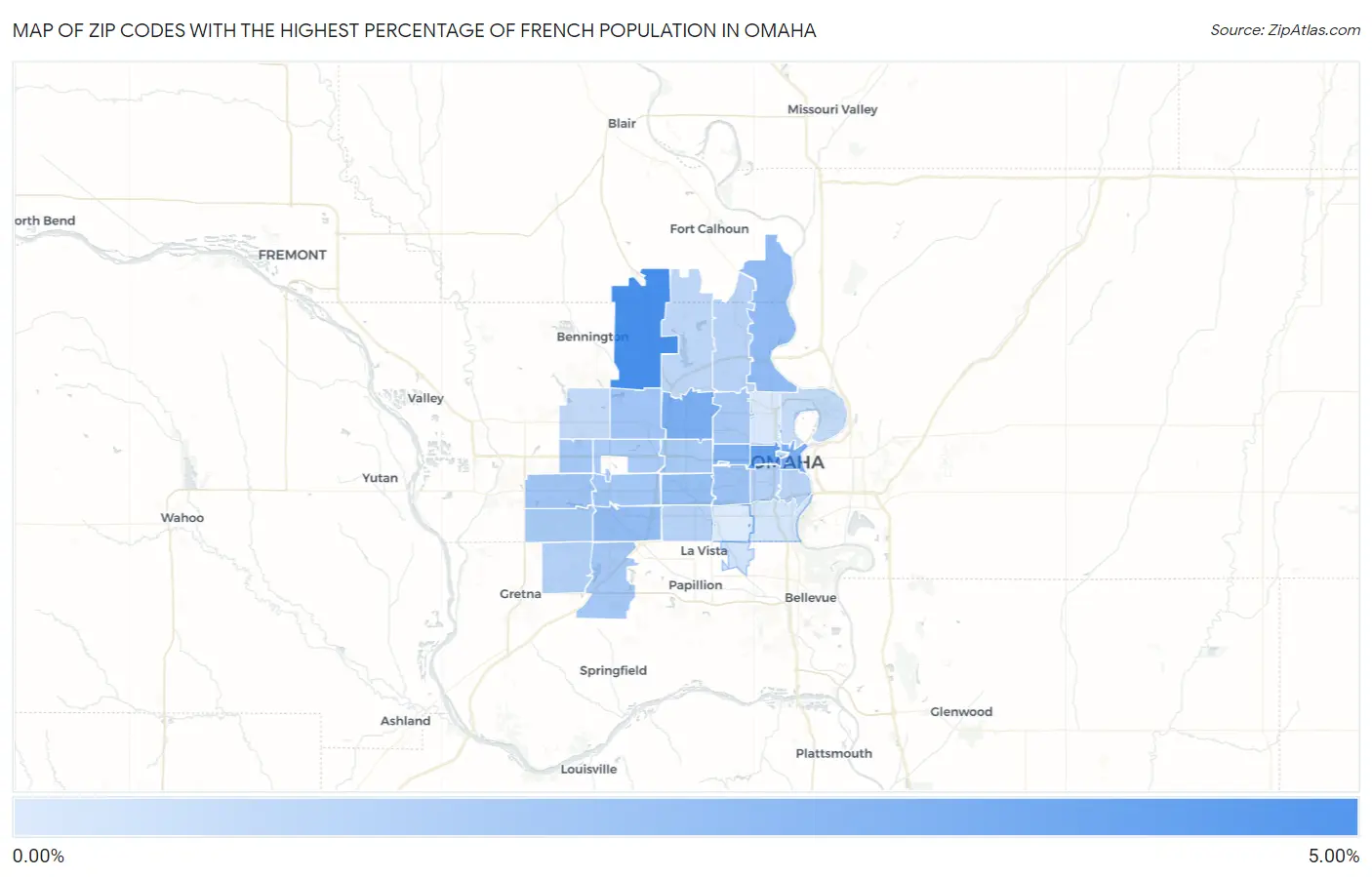 Zip Codes with the Highest Percentage of French Population in Omaha Map