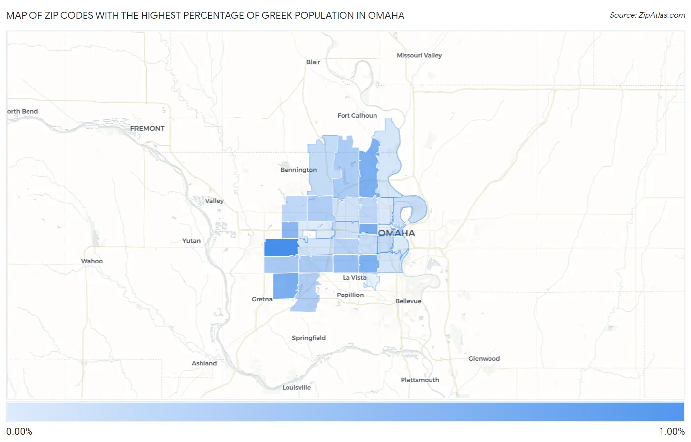Zip Codes with the Highest Percentage of Greek Population in Omaha Map