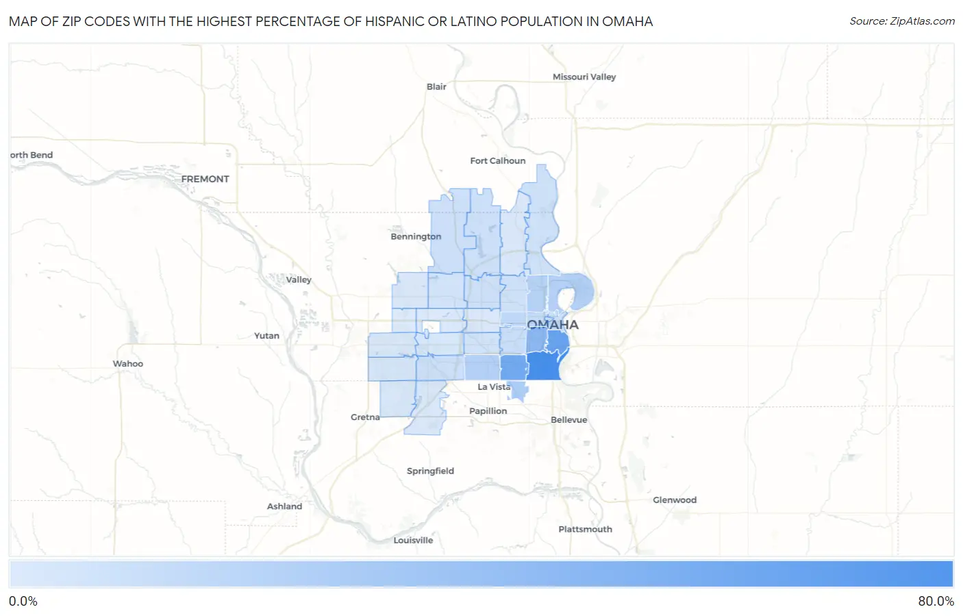 Zip Codes with the Highest Percentage of Hispanic or Latino Population in Omaha Map