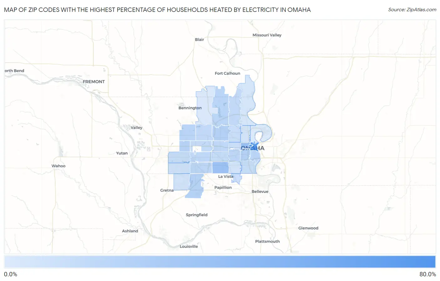 Zip Codes with the Highest Percentage of Households Heated by Electricity in Omaha Map