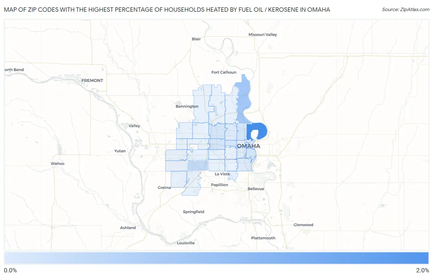 Zip Codes with the Highest Percentage of Households Heated by Fuel Oil / Kerosene in Omaha Map