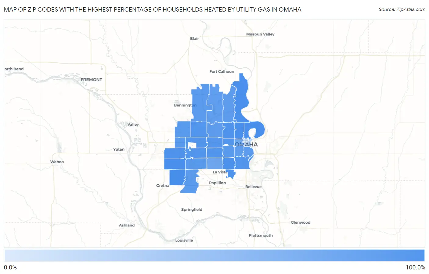 Zip Codes with the Highest Percentage of Households Heated by Utility Gas in Omaha Map