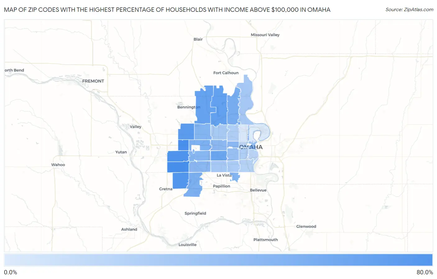 Zip Codes with the Highest Percentage of Households with Income Above $100,000 in Omaha Map