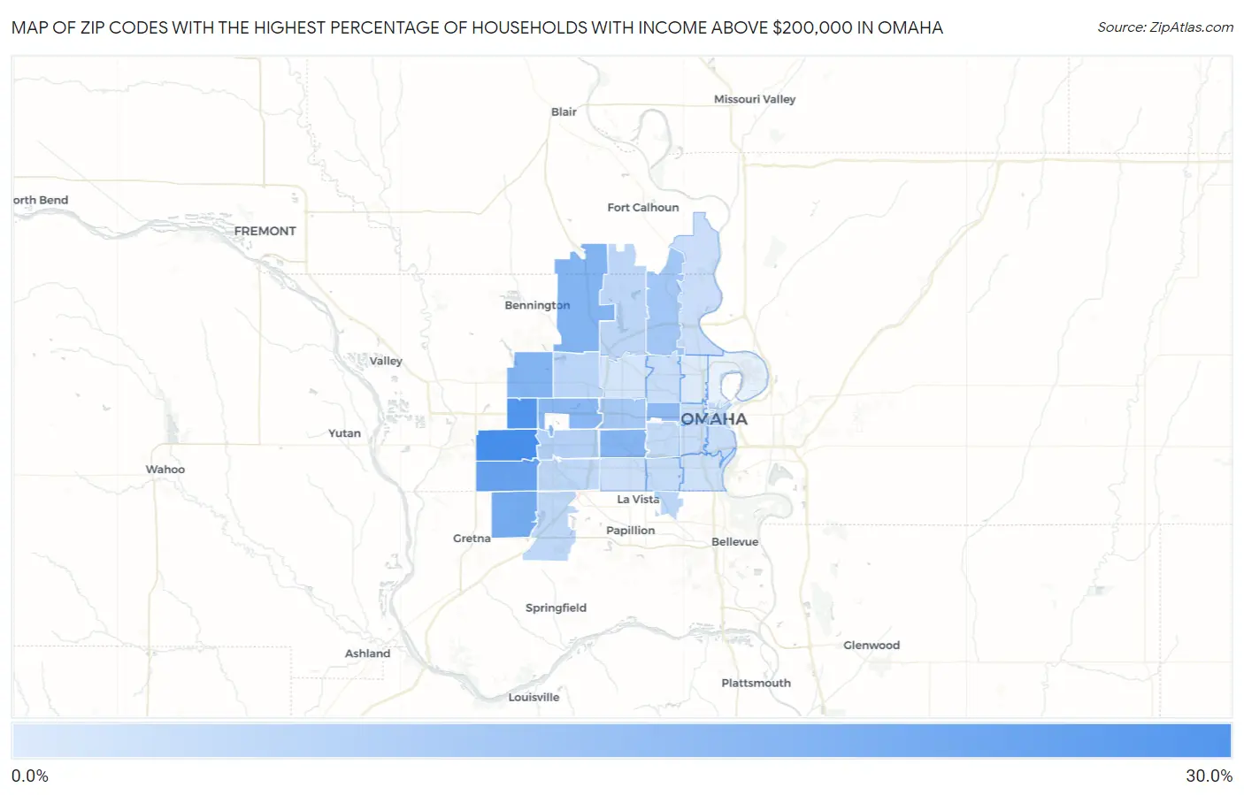 Zip Codes with the Highest Percentage of Households with Income Above $200,000 in Omaha Map