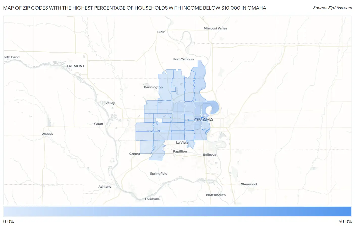 Zip Codes with the Highest Percentage of Households with Income Below $10,000 in Omaha Map