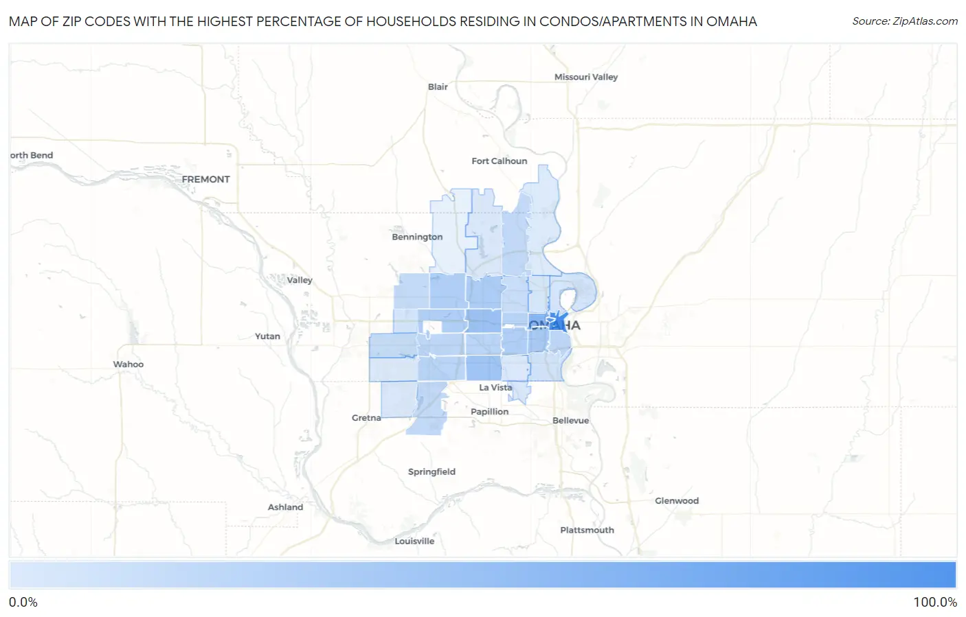 Zip Codes with the Highest Percentage of Households Residing in Condos/Apartments in Omaha Map