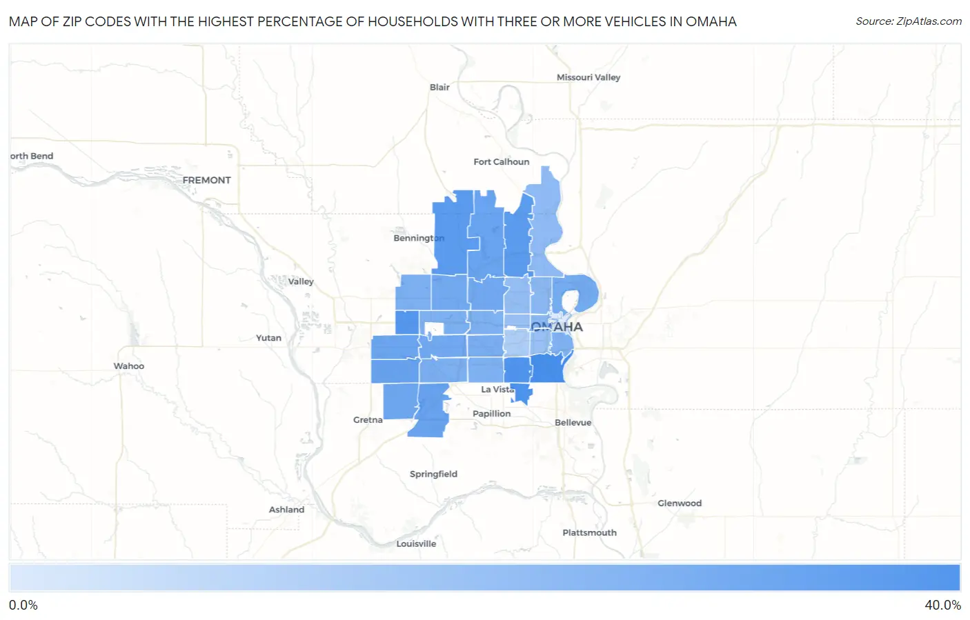 Zip Codes with the Highest Percentage of Households With Three or more Vehicles in Omaha Map