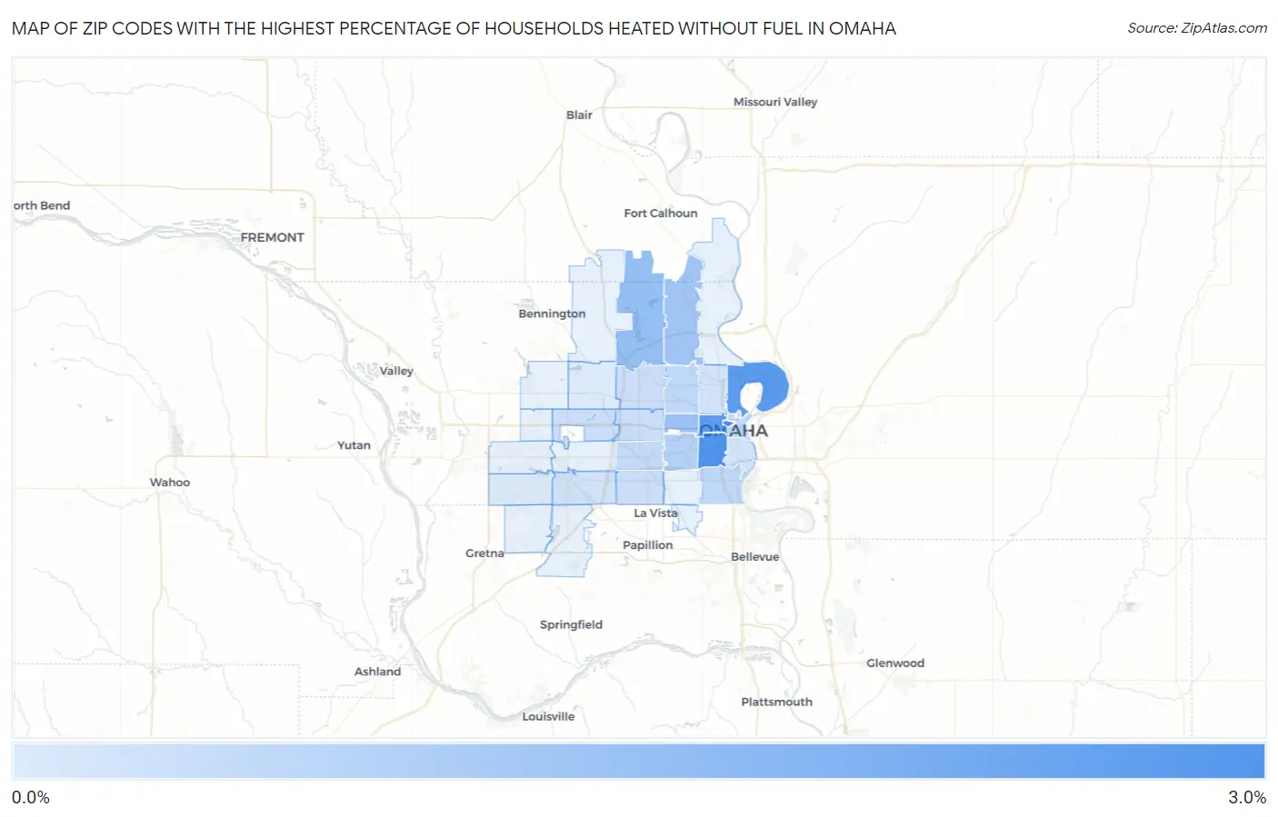 Zip Codes with the Highest Percentage of Households Heated without Fuel in Omaha Map