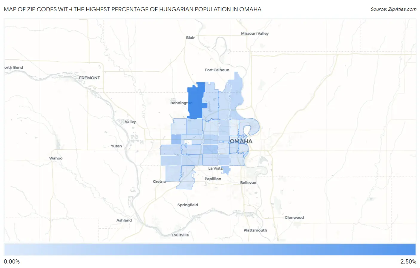 Zip Codes with the Highest Percentage of Hungarian Population in Omaha Map
