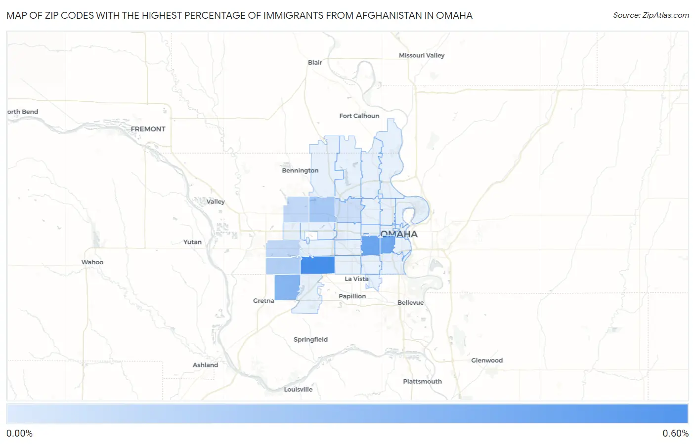 Zip Codes with the Highest Percentage of Immigrants from Afghanistan in Omaha Map
