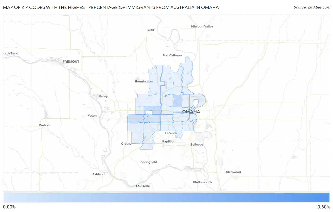 Zip Codes with the Highest Percentage of Immigrants from Australia in Omaha Map