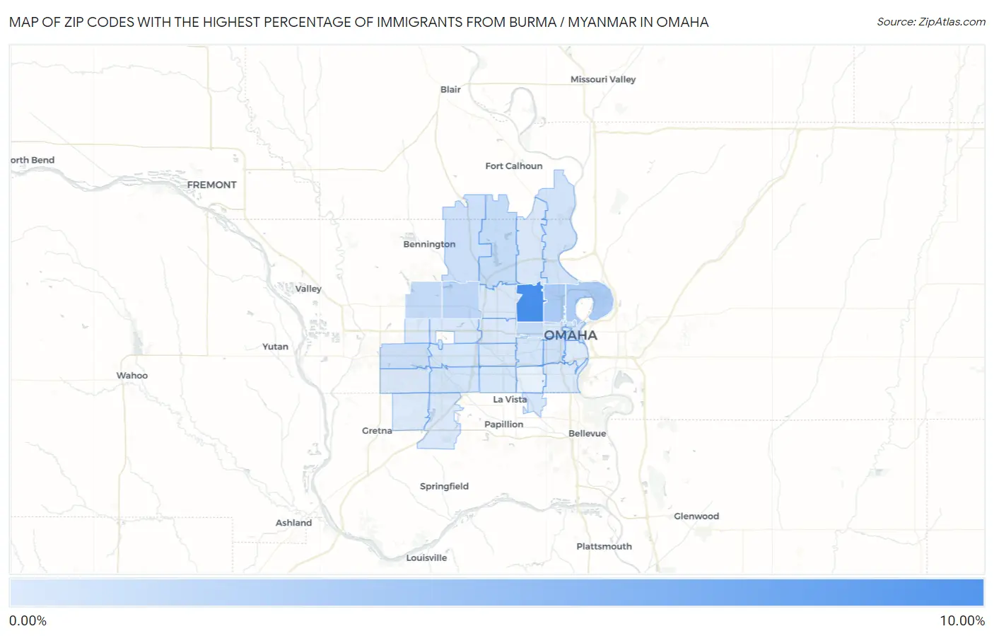 Zip Codes with the Highest Percentage of Immigrants from Burma / Myanmar in Omaha Map