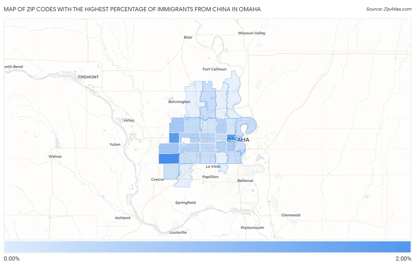 Zip Codes with the Highest Percentage of Immigrants from China in Omaha Map