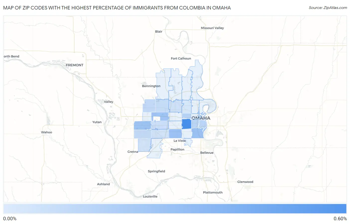Zip Codes with the Highest Percentage of Immigrants from Colombia in Omaha Map