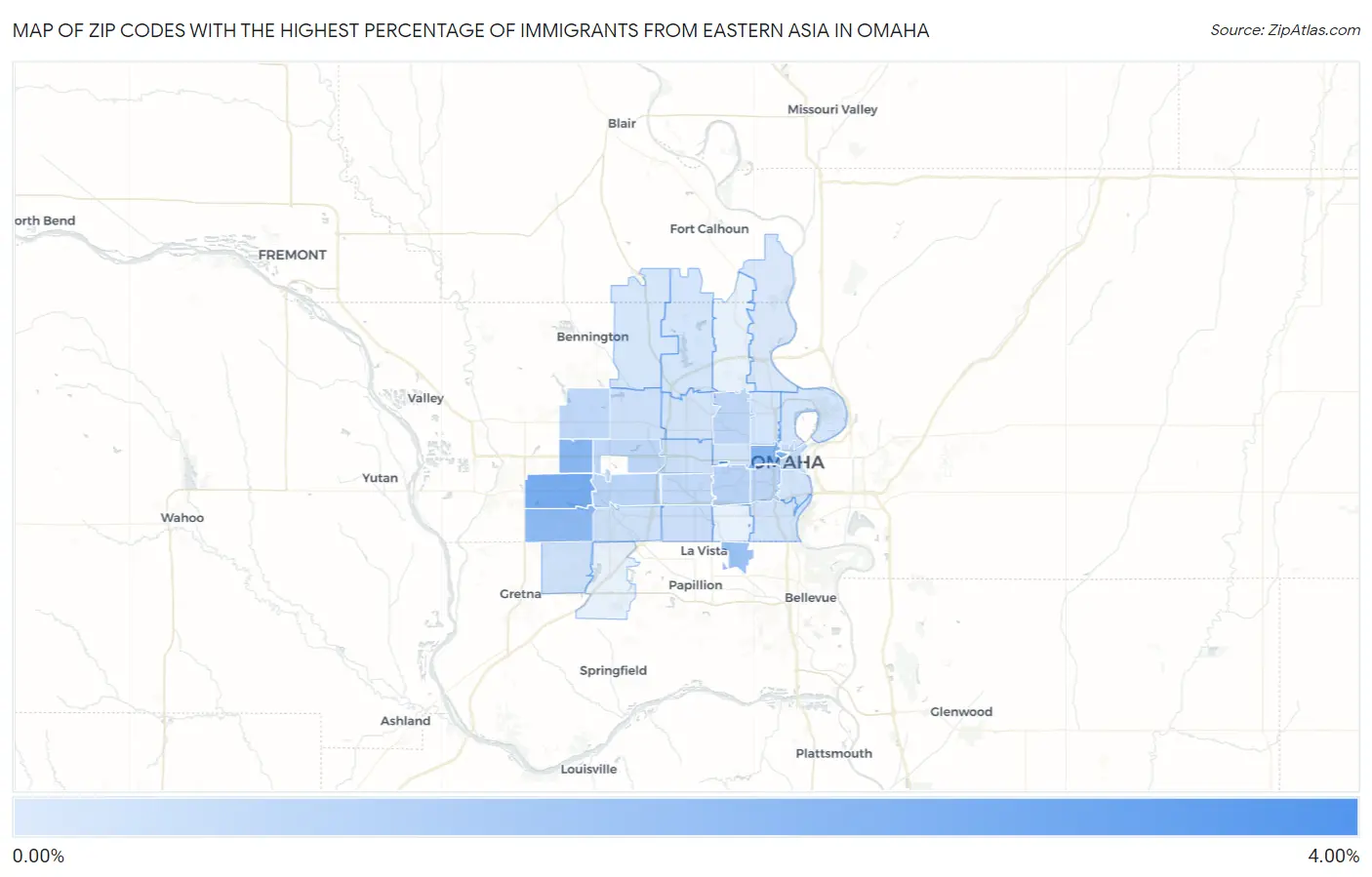 Zip Codes with the Highest Percentage of Immigrants from Eastern Asia in Omaha Map