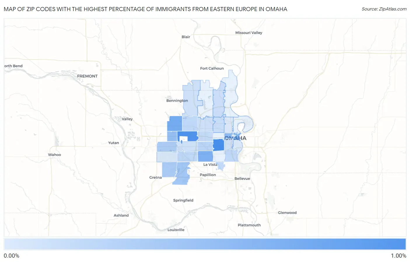 Zip Codes with the Highest Percentage of Immigrants from Eastern Europe in Omaha Map