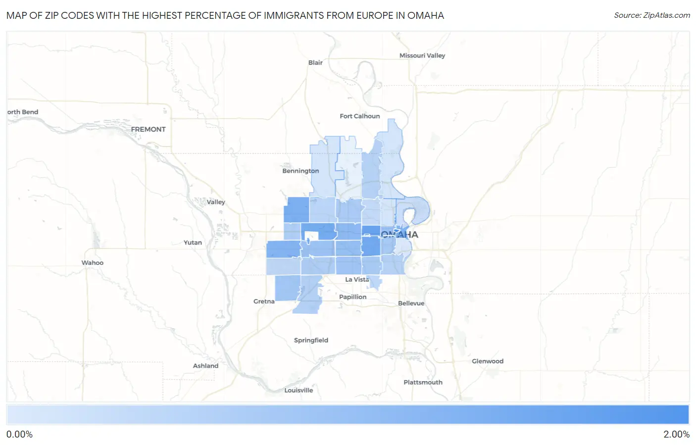 Zip Codes with the Highest Percentage of Immigrants from Europe in Omaha Map
