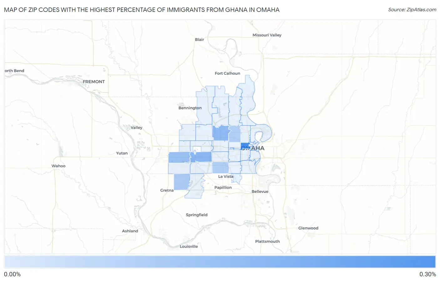 Zip Codes with the Highest Percentage of Immigrants from Ghana in Omaha Map