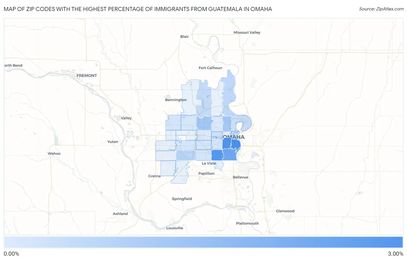 Zip Codes with the Highest Percentage of Immigrants from Guatemala in Omaha Map