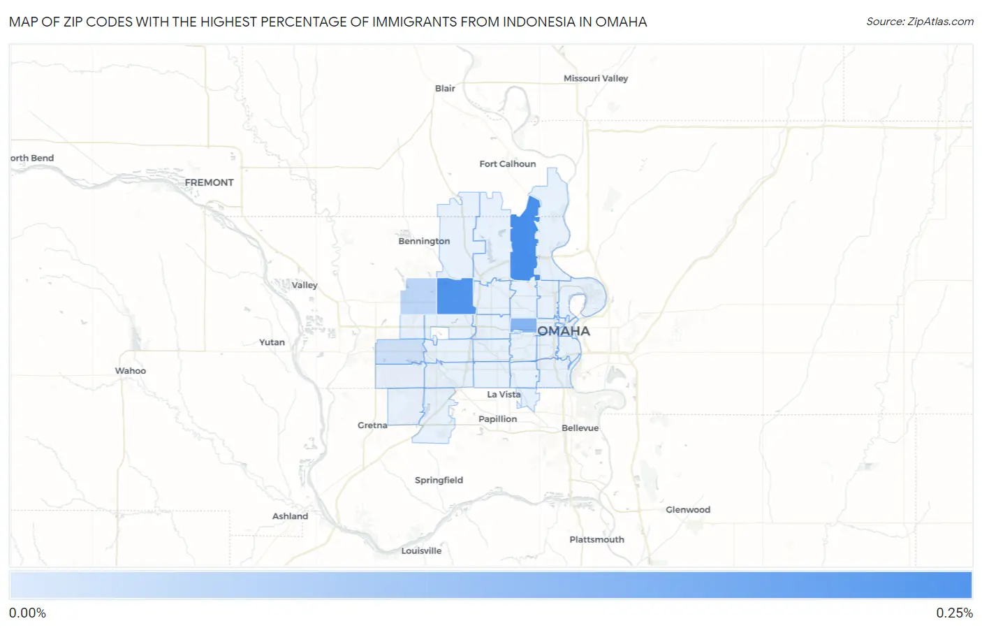 Zip Codes with the Highest Percentage of Immigrants from Indonesia in Omaha Map