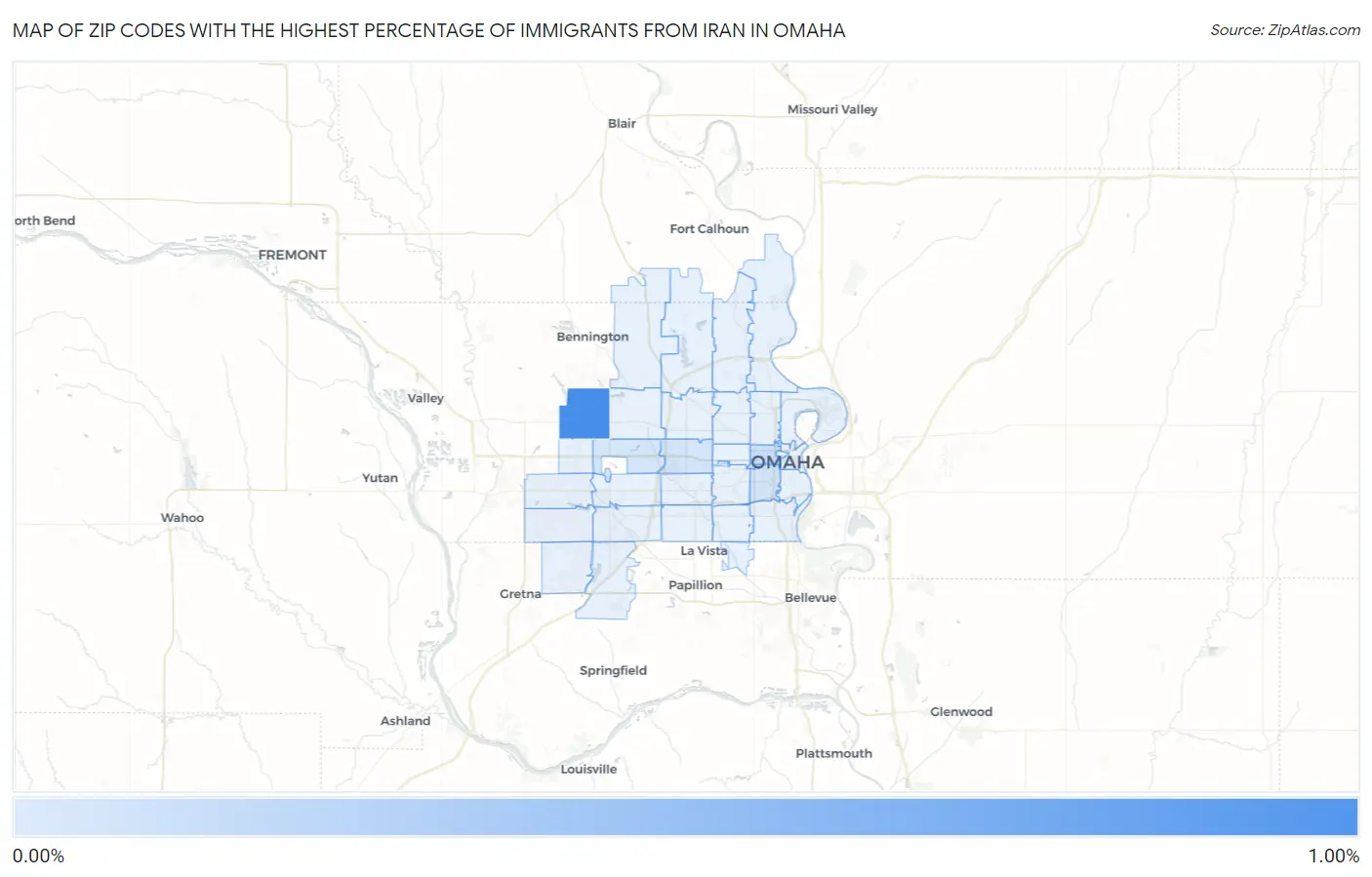 Zip Codes with the Highest Percentage of Immigrants from Iran in Omaha Map