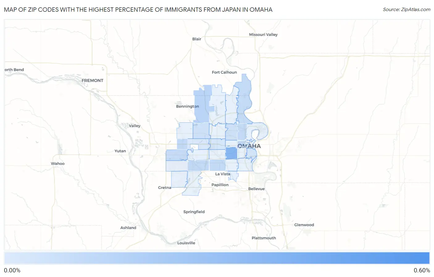 Zip Codes with the Highest Percentage of Immigrants from Japan in Omaha Map