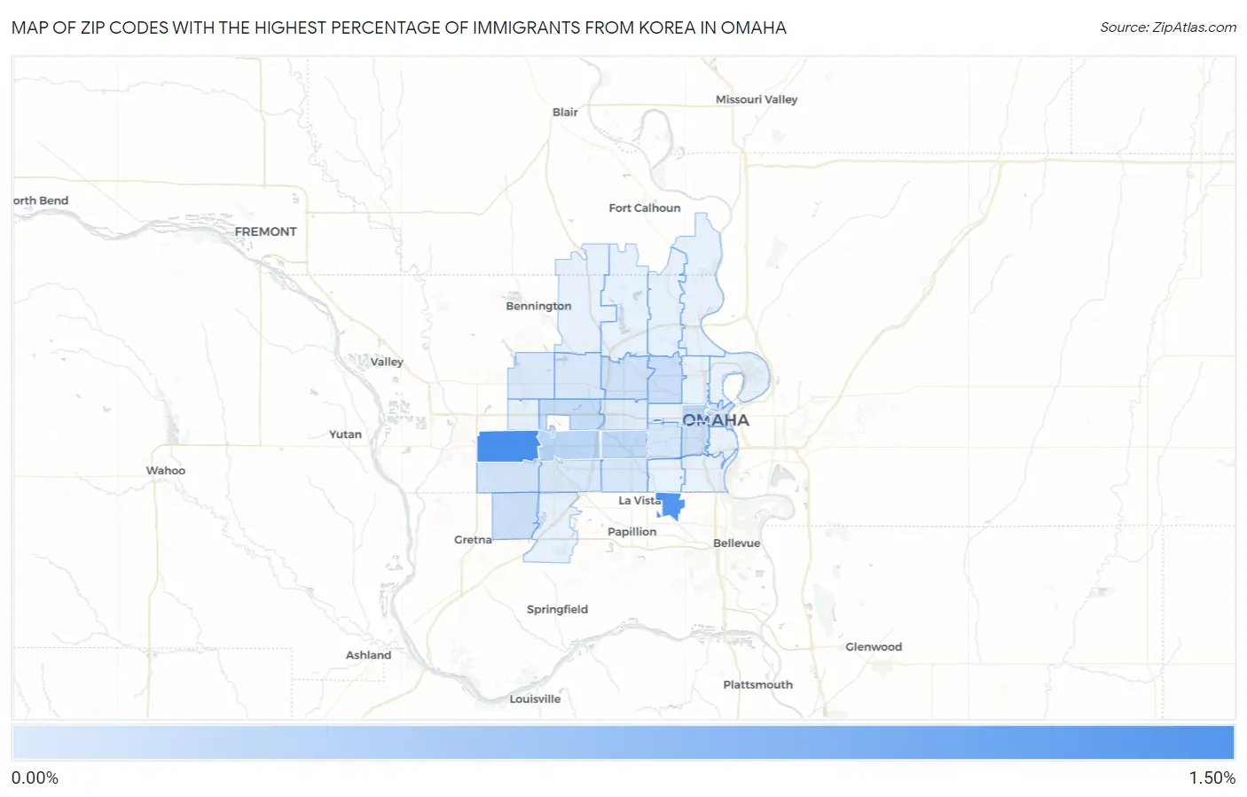 Zip Codes with the Highest Percentage of Immigrants from Korea in Omaha Map
