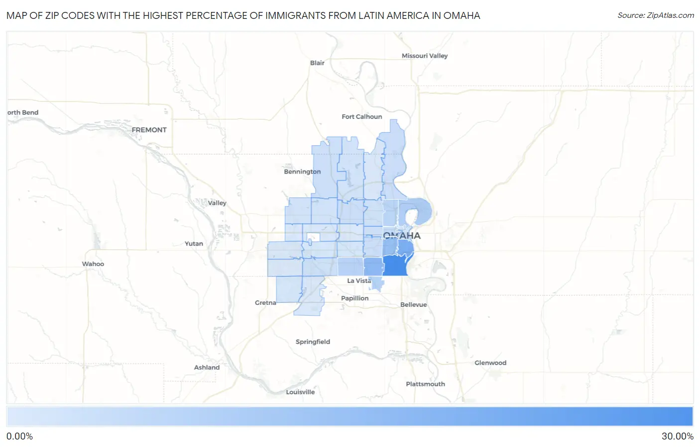 Zip Codes with the Highest Percentage of Immigrants from Latin America in Omaha Map