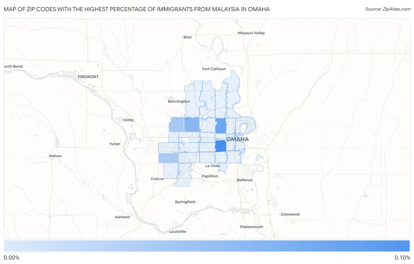 Zip Codes with the Highest Percentage of Immigrants from Malaysia in Omaha Map