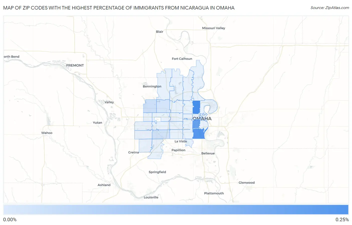 Zip Codes with the Highest Percentage of Immigrants from Nicaragua in Omaha Map
