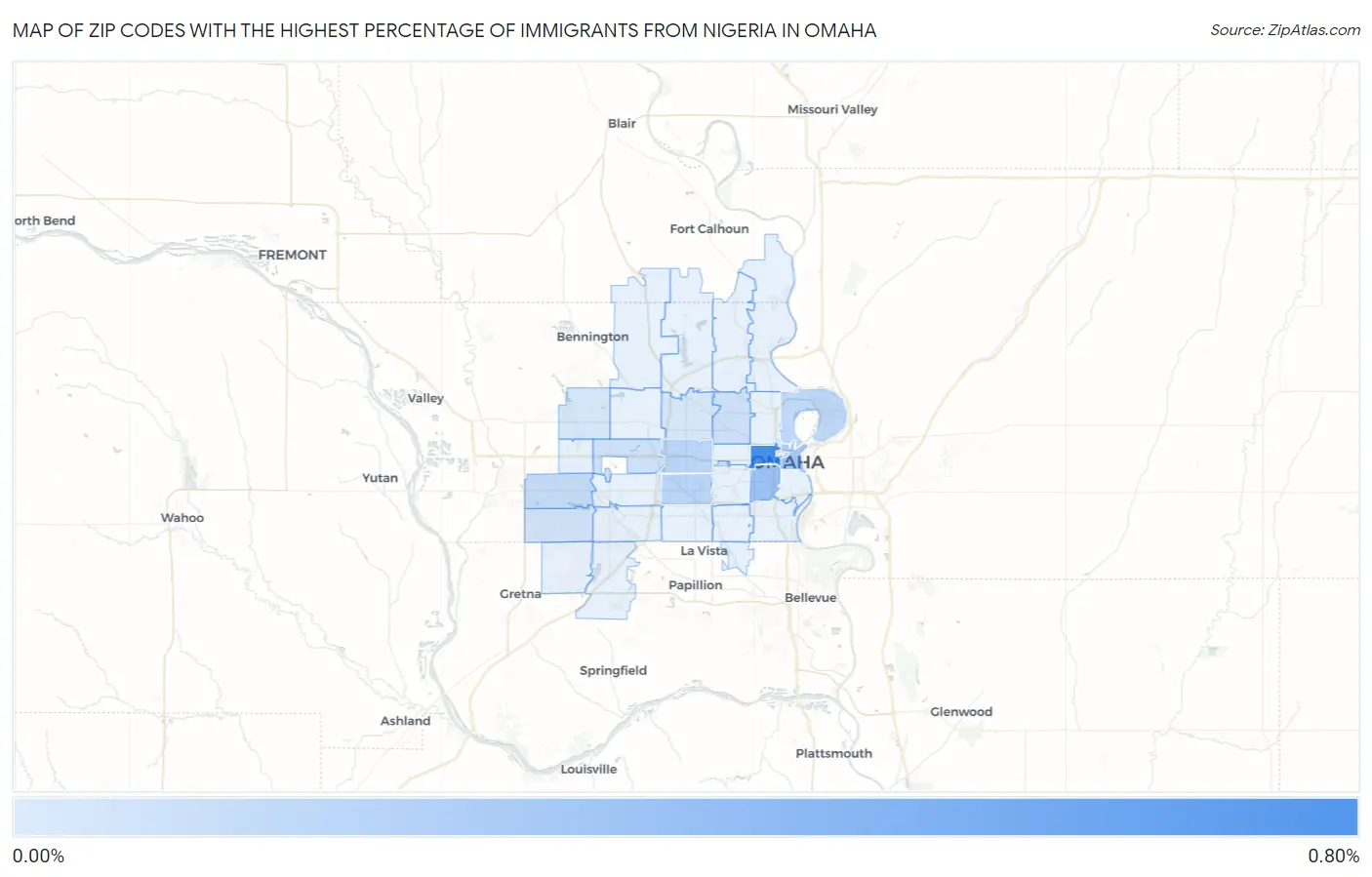 Zip Codes with the Highest Percentage of Immigrants from Nigeria in Omaha Map