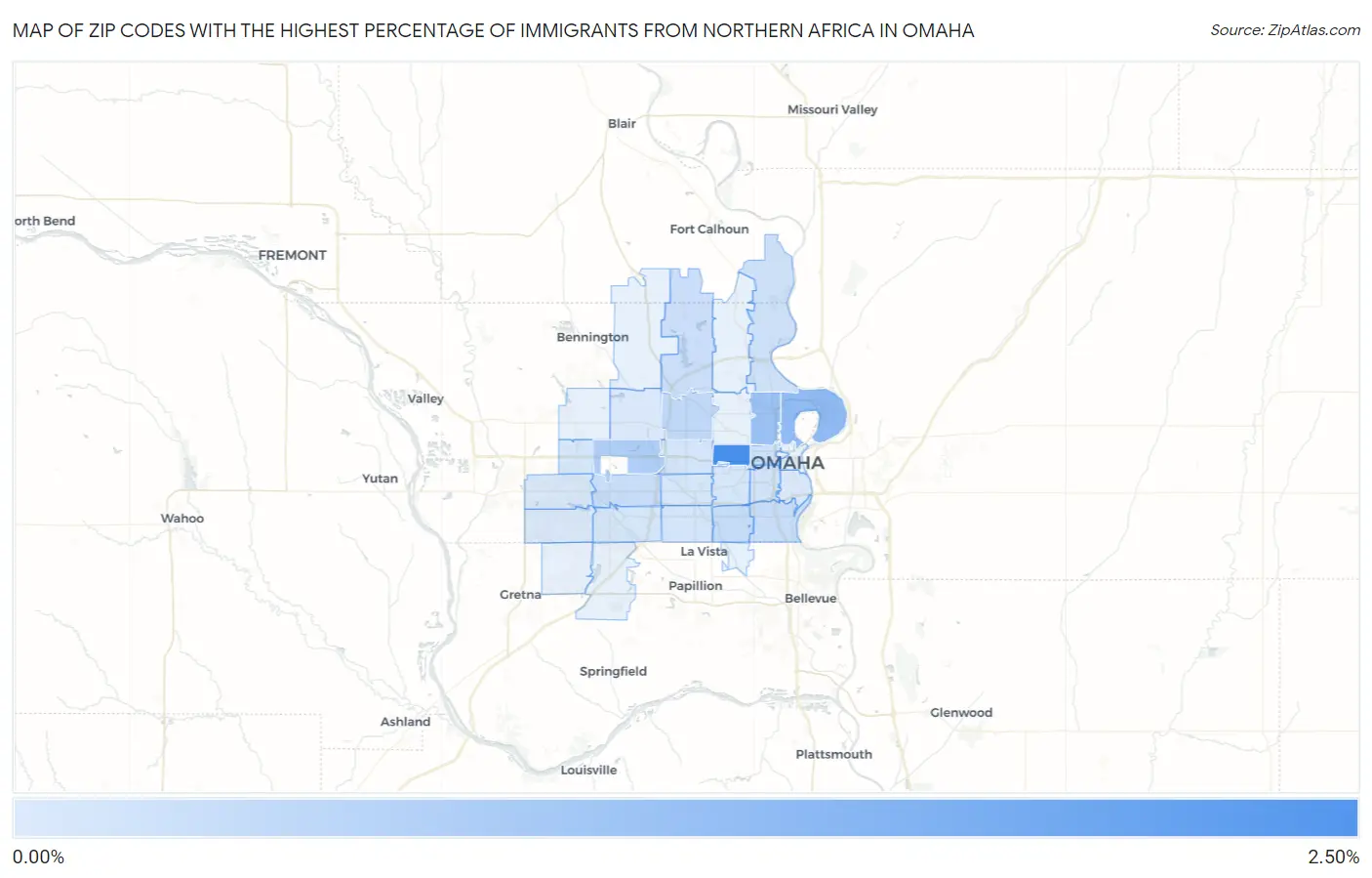 Zip Codes with the Highest Percentage of Immigrants from Northern Africa in Omaha Map