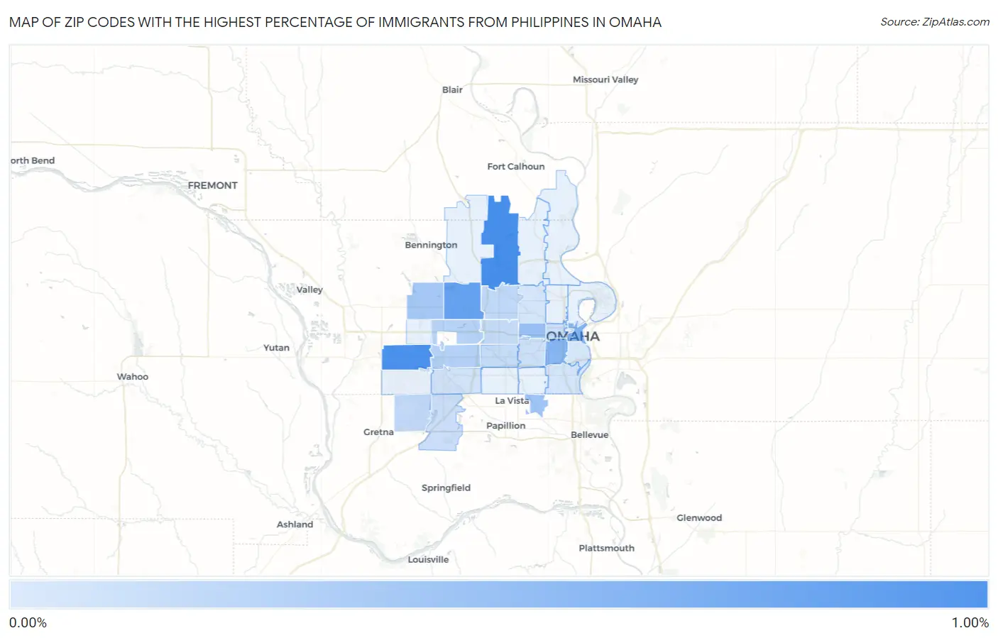 Zip Codes with the Highest Percentage of Immigrants from Philippines in Omaha Map
