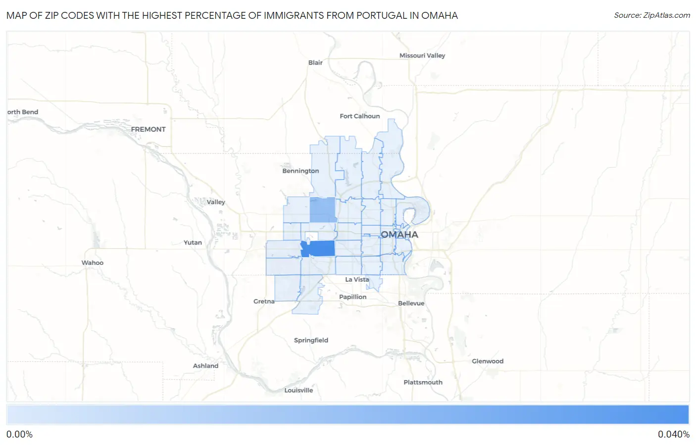 Zip Codes with the Highest Percentage of Immigrants from Portugal in Omaha Map
