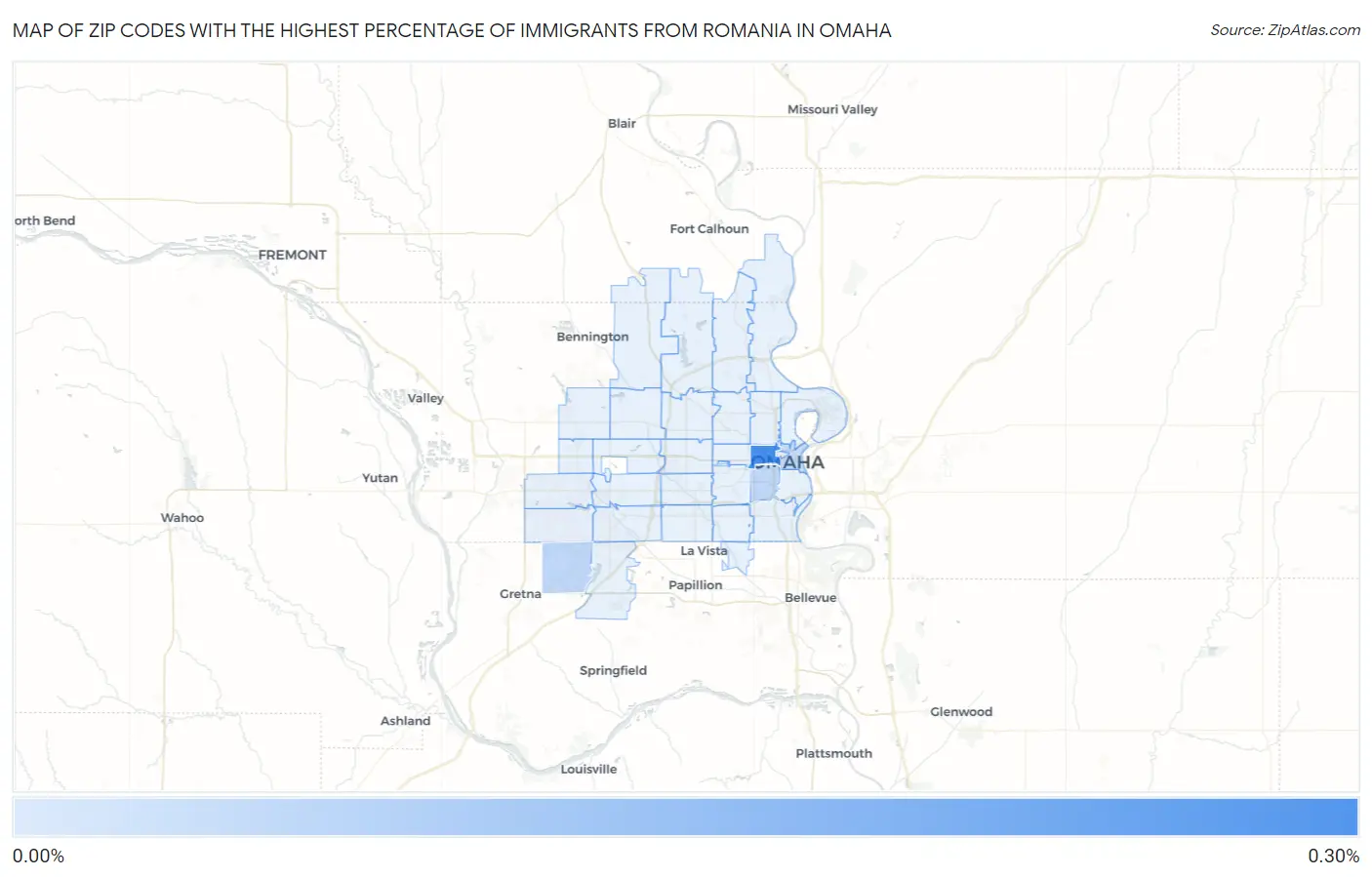 Zip Codes with the Highest Percentage of Immigrants from Romania in Omaha Map