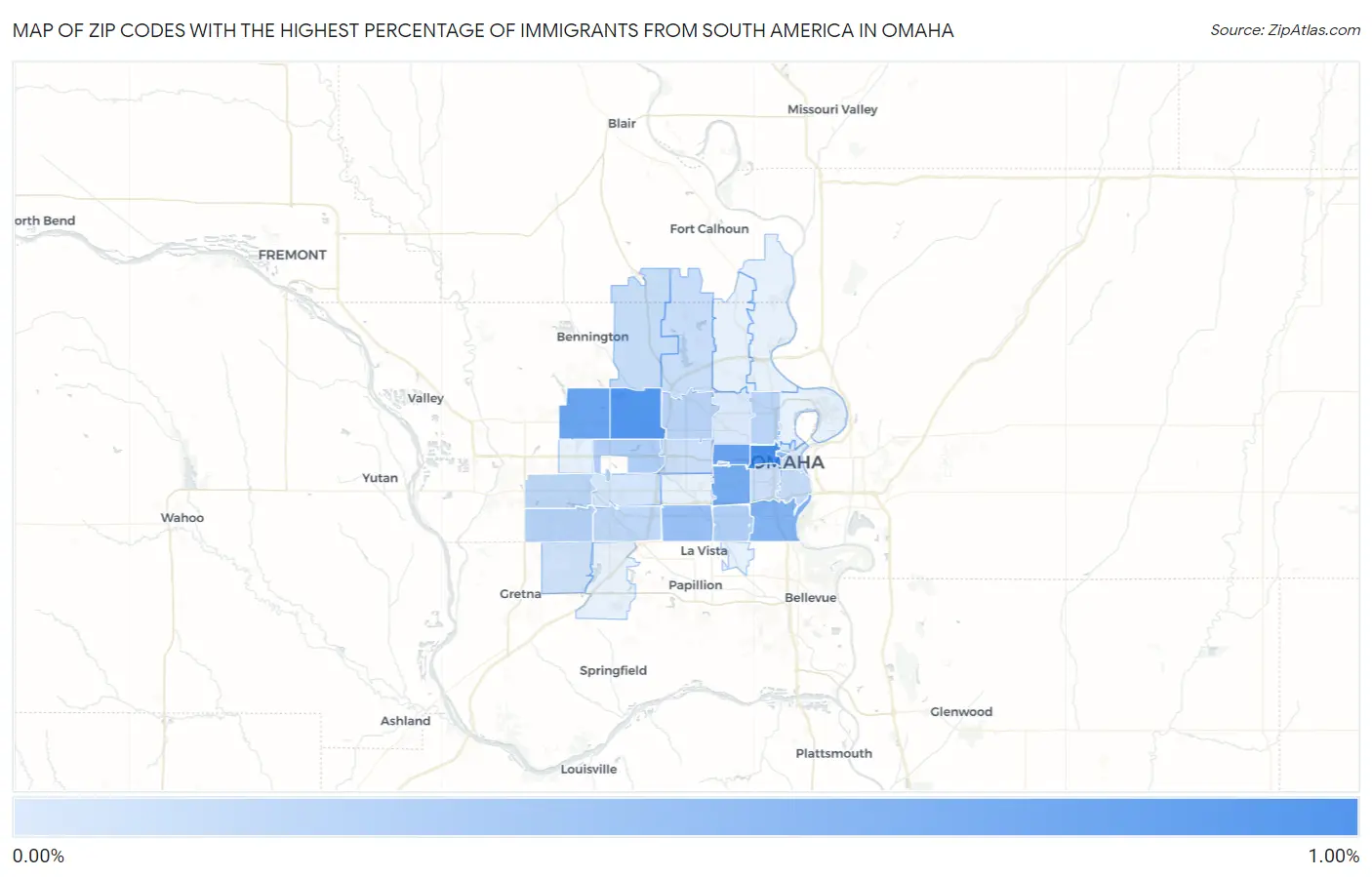 Zip Codes with the Highest Percentage of Immigrants from South America in Omaha Map