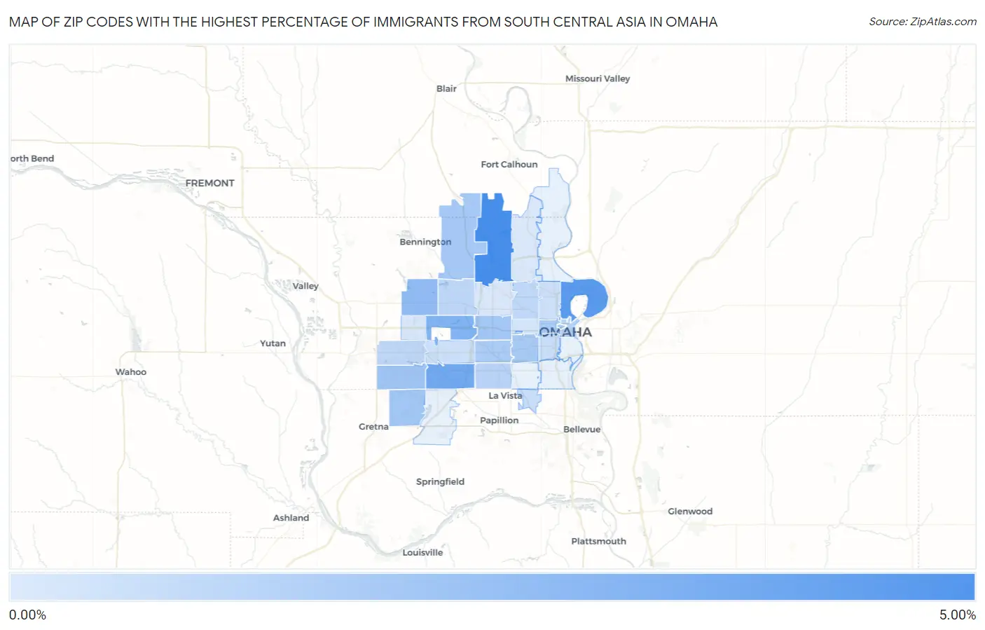 Zip Codes with the Highest Percentage of Immigrants from South Central Asia in Omaha Map