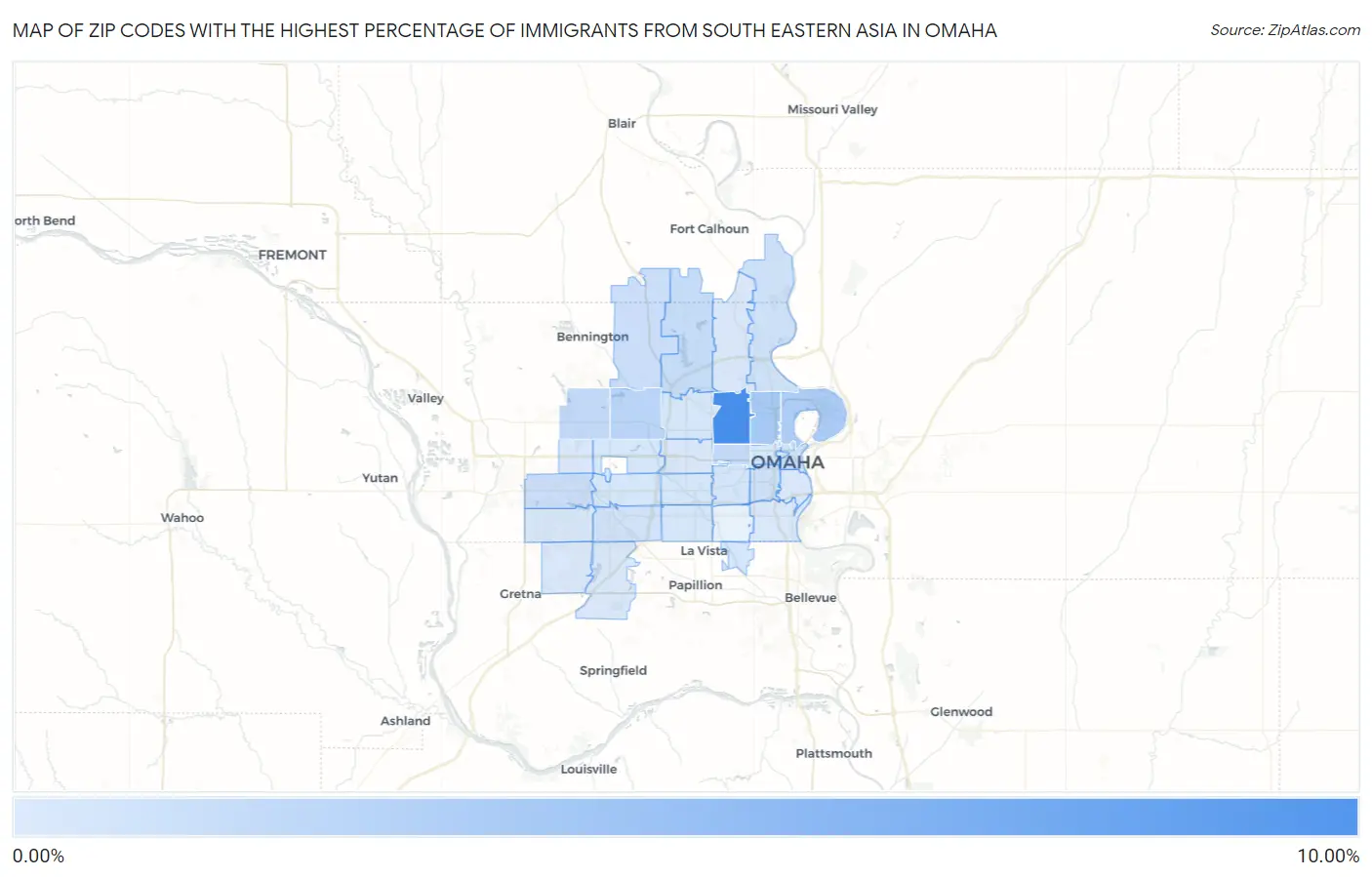 Zip Codes with the Highest Percentage of Immigrants from South Eastern Asia in Omaha Map