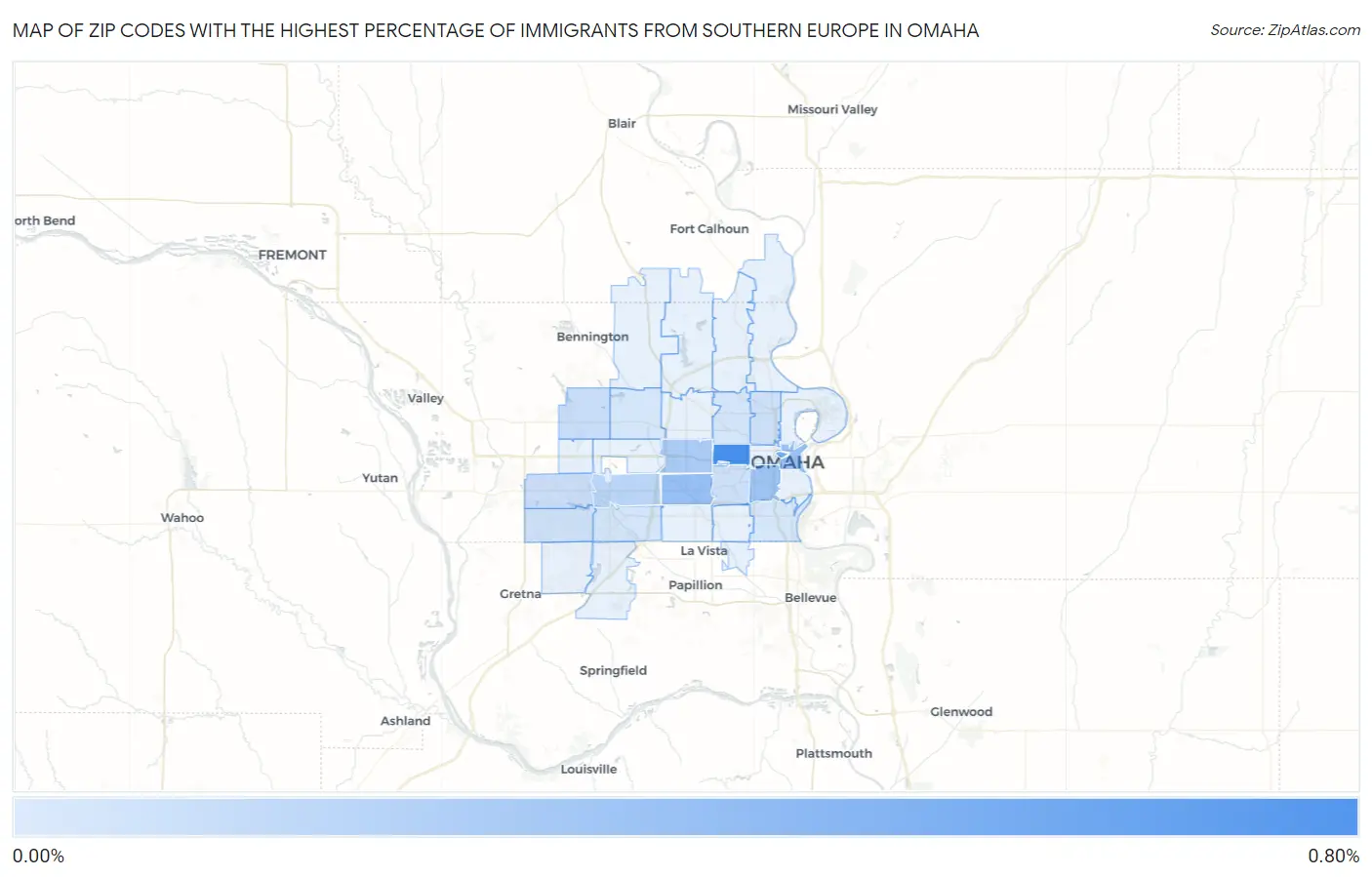 Zip Codes with the Highest Percentage of Immigrants from Southern Europe in Omaha Map