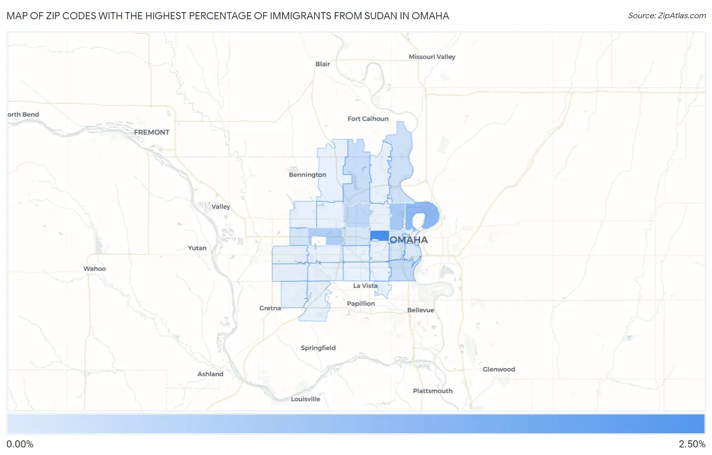 Zip Codes with the Highest Percentage of Immigrants from Sudan in Omaha Map