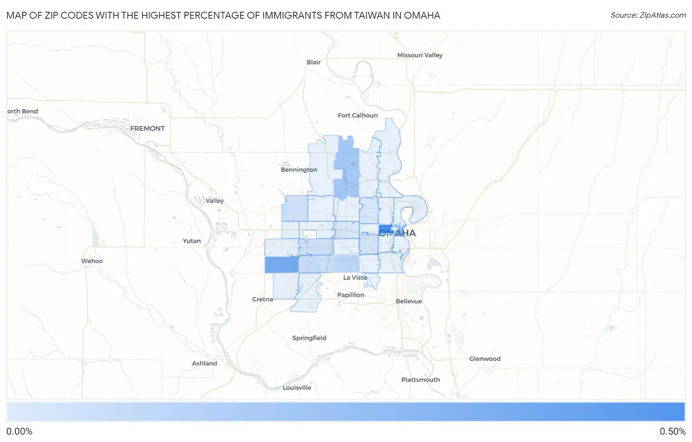 Zip Codes with the Highest Percentage of Immigrants from Taiwan in Omaha Map