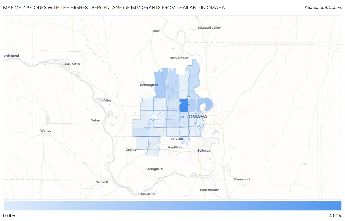 Zip Codes with the Highest Percentage of Immigrants from Thailand in Omaha Map