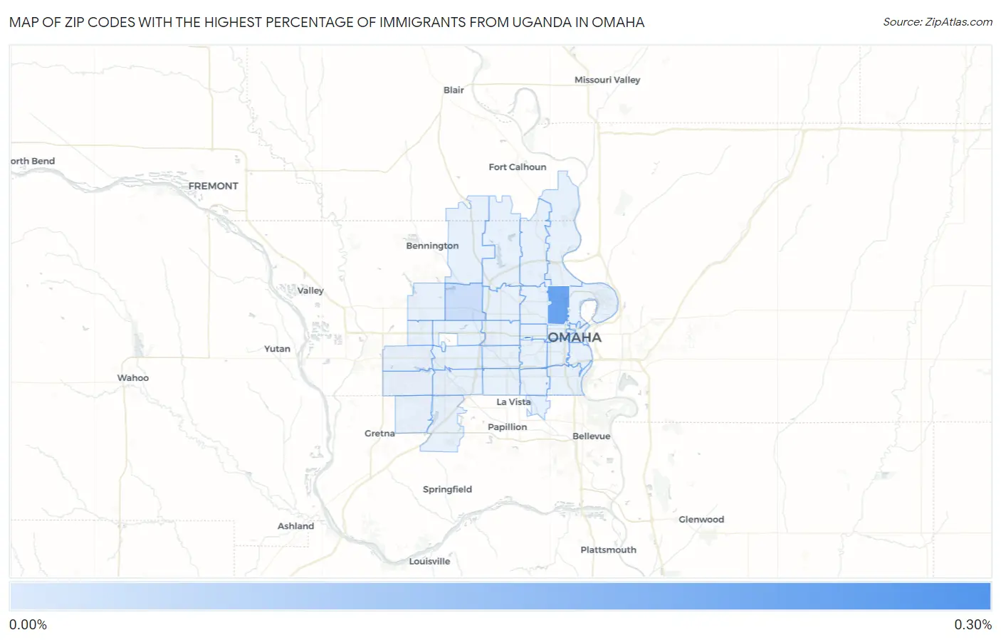 Zip Codes with the Highest Percentage of Immigrants from Uganda in Omaha Map