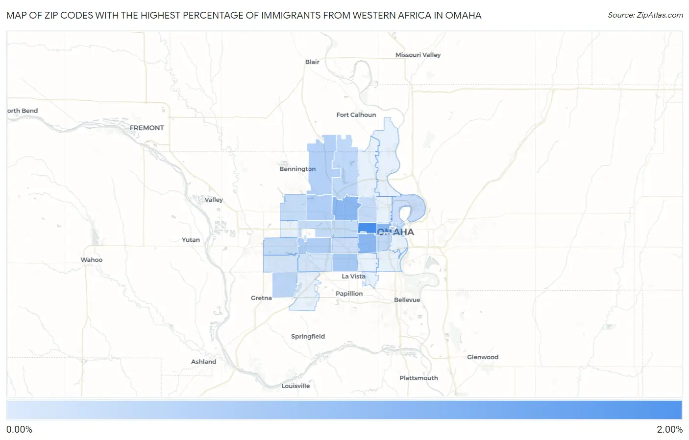 Zip Codes with the Highest Percentage of Immigrants from Western Africa in Omaha Map